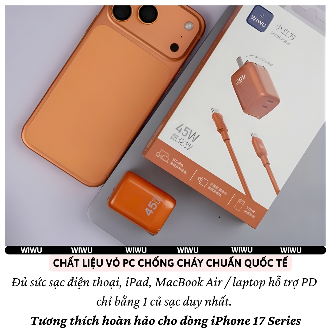 Bộ Adapter Cóc Củ Sạc Nhanh USB-C hiệu WiWU 45W USB-C công nghệ TurboCharge sạc ổn định, không nóng – Combo Củ & Dây sạc Type-C Chip Smart IC An toàn,điều chỉnh dòng điện, Vỏ chống cháy - hàng nhập khẩu