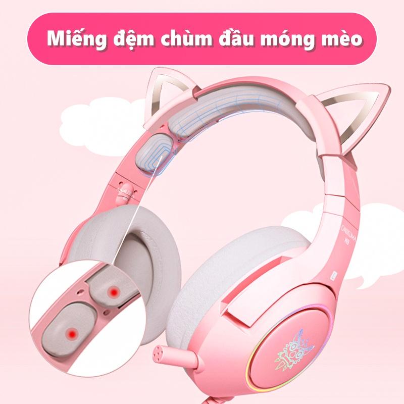 Tai nghe chơi game tai mèo dễ thương âm thanh nổi gắn trên đầu ONIKUMA K9 màu hồng có micrô ánh sáng RGB [Hàng chính hãng]