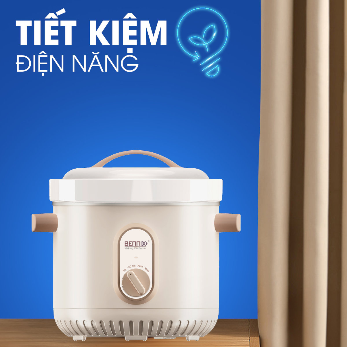 Nồi nấu chậm Bennix Thái Lan BN-68KC-C dung tích 3L nắp sứ trắng - Hàng chính hãng