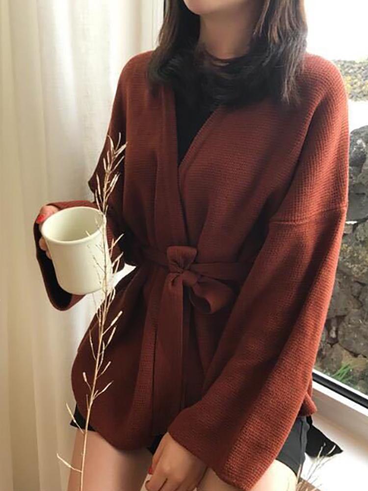Thanh Lịch Khoác Cardigan Nữ 2021 Thu Đông Hàn Quốc Cổ Chữ V Dây Dài Tay Áo Len Dệt Kim Cardigan Nữ