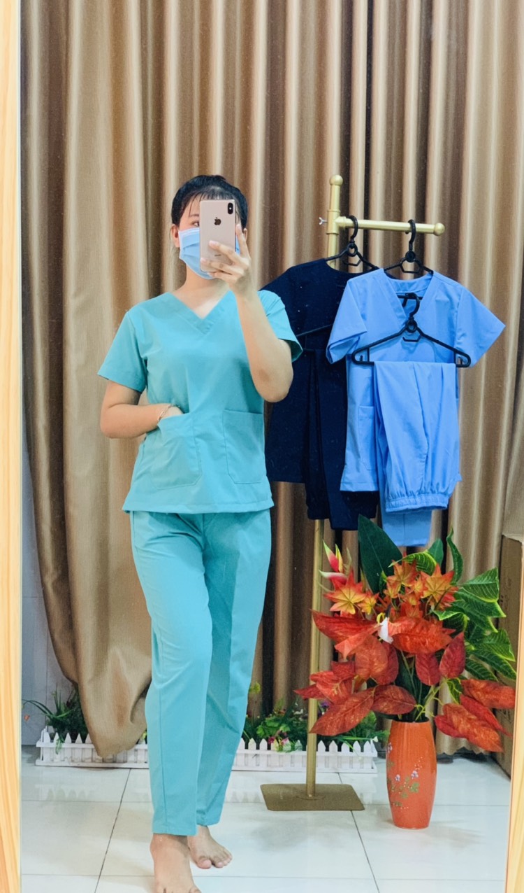 Bộ Scrubs NỮ bác sĩ màu Xanh Ngọc - Quần áo phòng mổ, hộ sinh, hộ lý, điều dưỡng bệnh viện