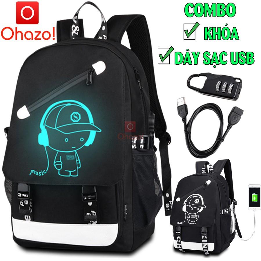 Combo balo thời trang phát sáng dạ quang Ohazo! phong cách + Dây cáp sạc USB xịn + Khóa số thông minh siêu HOT
