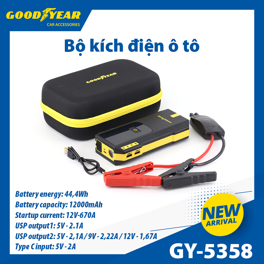 Bộ Kích Bình Cho Xe Hơi 670A GOODYEAR GY-5358 Đa Chức Năng Sạc Dự Phòng 12000mAh Đèn LED Khẩn Cấp - Hàng Nhập Khẩu