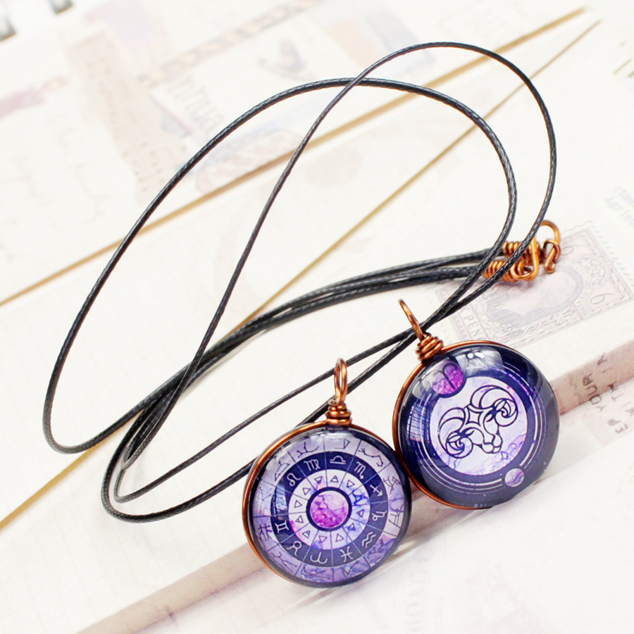 Dây chuyền 12 cung hoàng đạo Zodiac tông tím phong cách vintage đẹp 06647-DC20M0016
