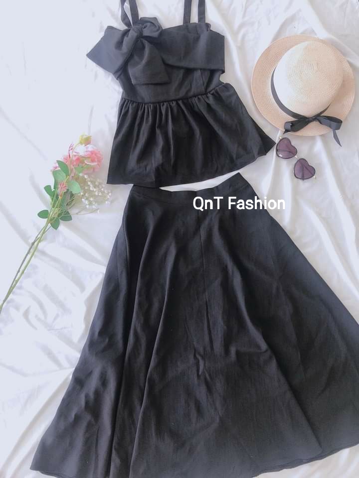 Set linen-áo 2 dây thắt nơ và chân váy xòe 2 lớp-Mặc hè xuân dạo phố,dạo biển,du lịch cực xinh và thoáng mát