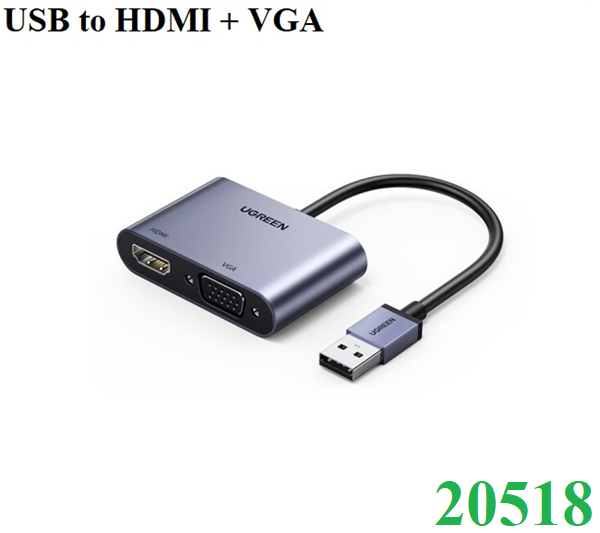 Cáp chuyển đổi USB 3.0 sang HDMI + VGA 1080P/60Hz Ugreen 20518 cao cấp hàng chính hãng