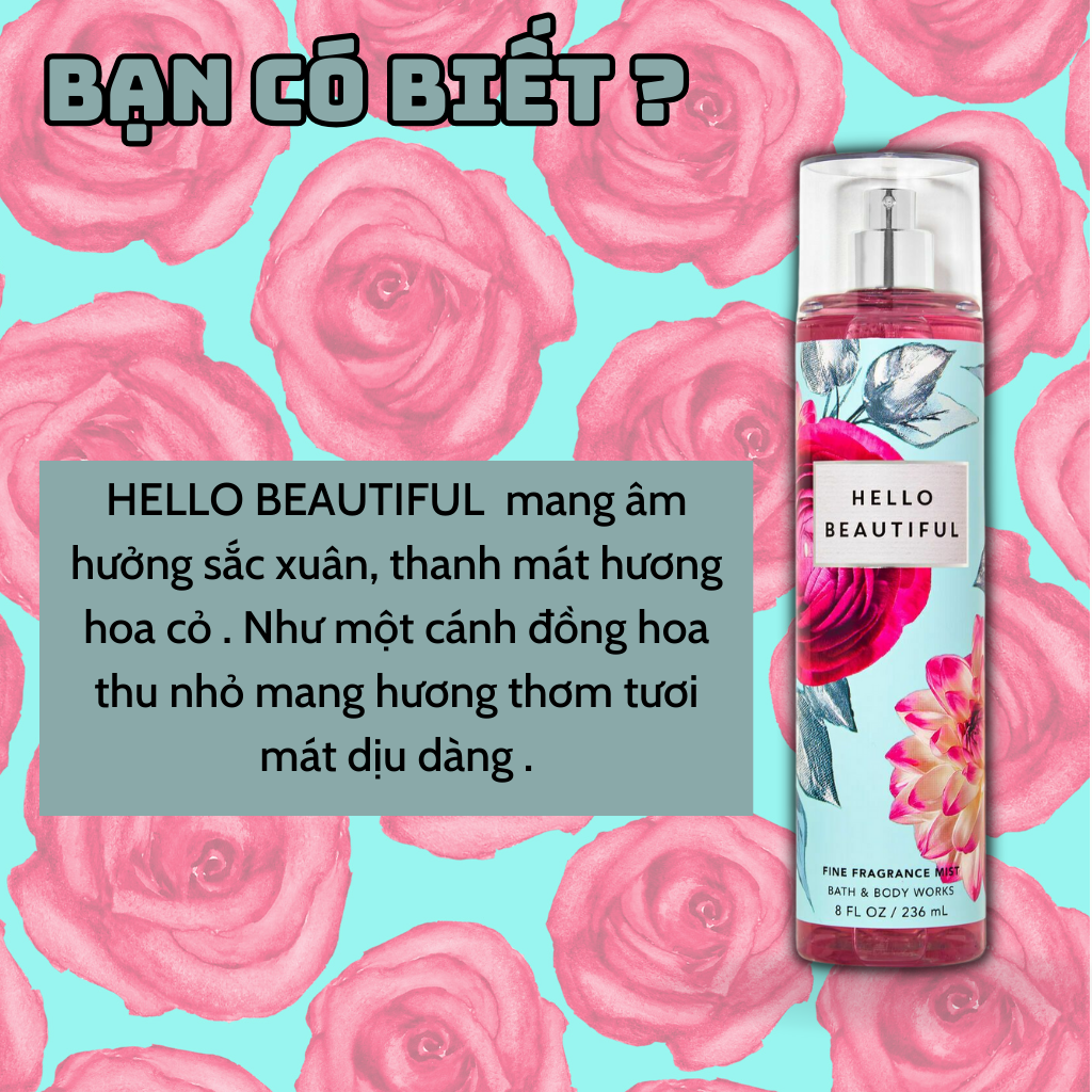 Body Mist Bath And Body Works Nam Nữ Chính Hãng Hello Beautiful, Xịt Thơm Body Toàn Thân Hương Nước Hoa 236ml