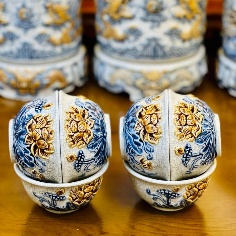 Bộ đồ thờ men rạn RỒNG VIỆT, Đồ thờ gia tiên, đồ thờ thần tài gốm sứ đắp nổi hoạ tiết rồng cao cấp