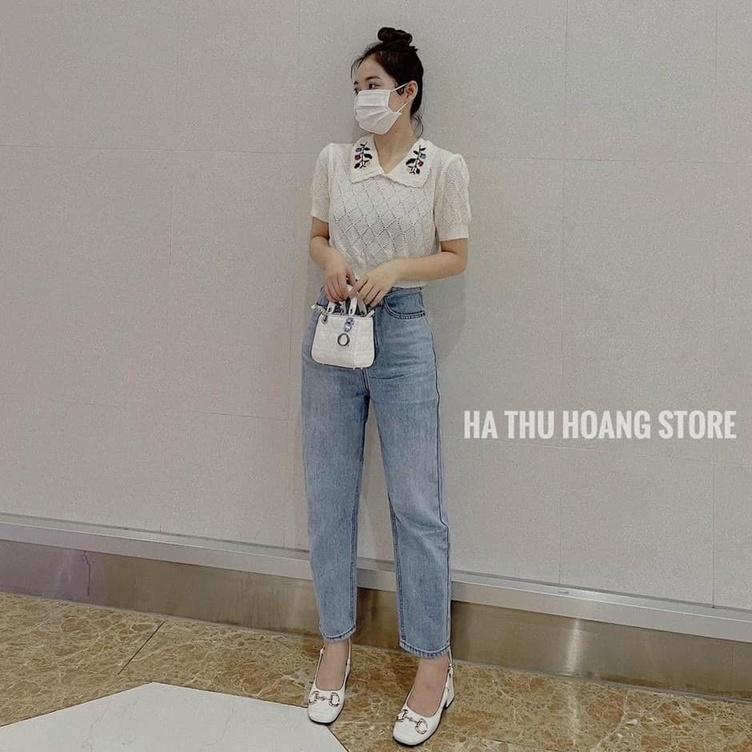 Áo Croptop Len Mỏng Thêu Hoa Cổ Xinh Xắn Phong Cách Hàn Quốc, Labibi