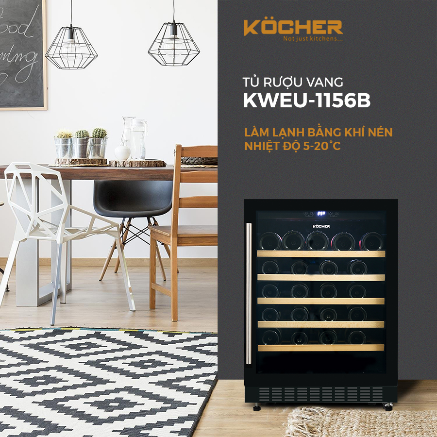 Tủ ướp, bảo quản rượu vang thương hiệu Kocher. Model KWEU-1156B Dung tích 135L (Sức chứa: 54 chai) - Hàng Chính Hãng