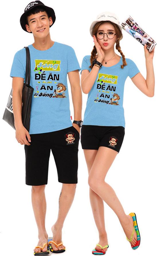 Bộ Áo Thun Đôi Nam Nữ Sống Để Ăn Hay Ăn Để Sống Màu Xanh Biển - XXL - L