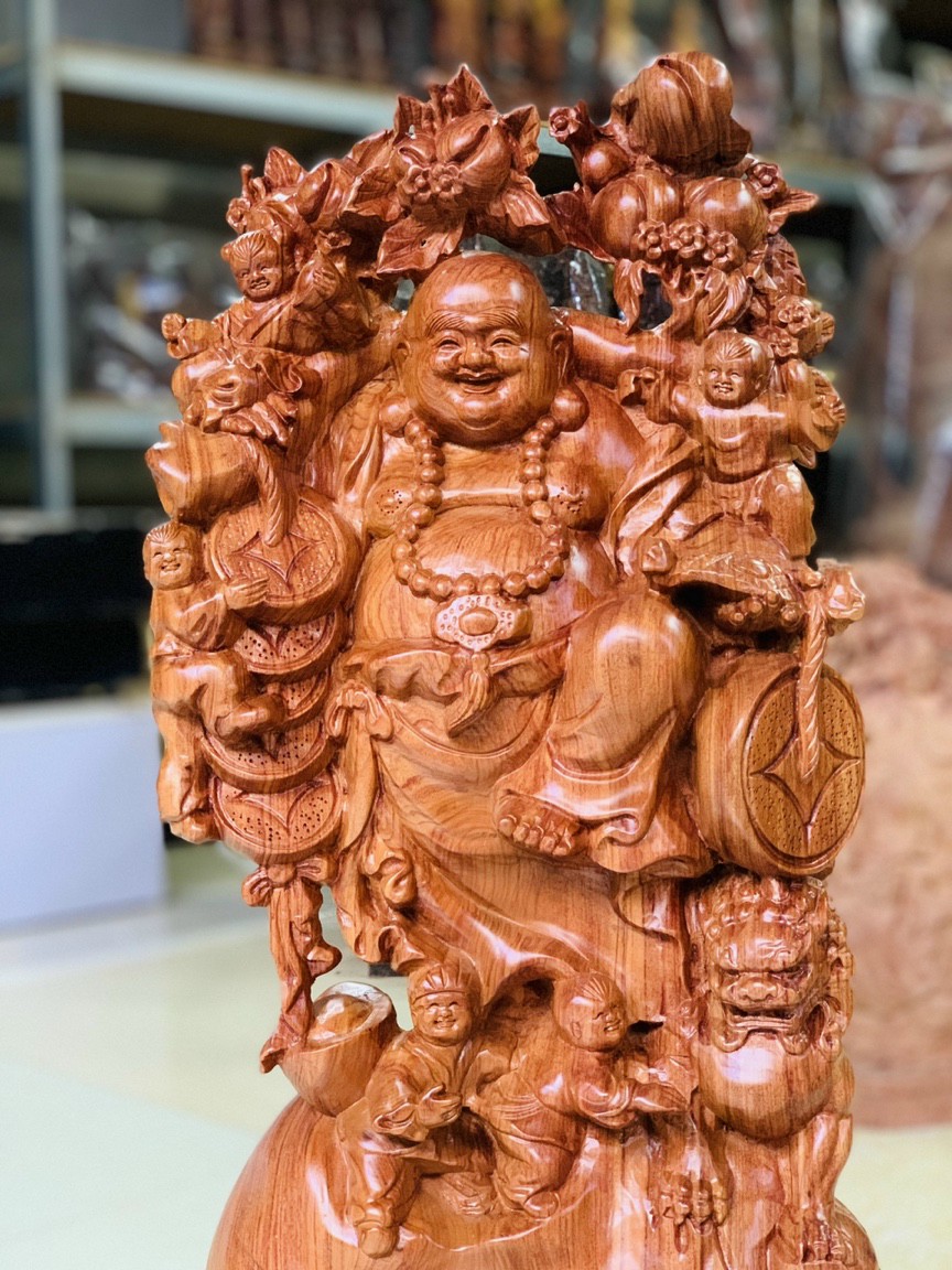 Tượng phật di lặc ngũ phúc gánh cành đào kt cao 60×25×14cm