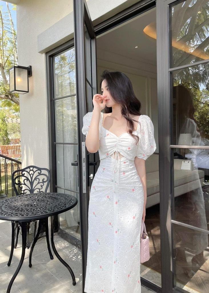 ĐẦM MIDI RÚT DÂY NGỰC CHẤT XÔ HOA THÊU