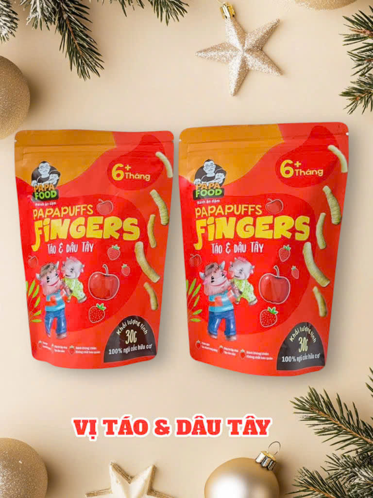 Bánh ăn dặm PAPAFOOD PAPAPUFFS Vị Táo &amp; Dâu Tây - 100% Ngũ Cố Hữu Cơ - Gói 30G