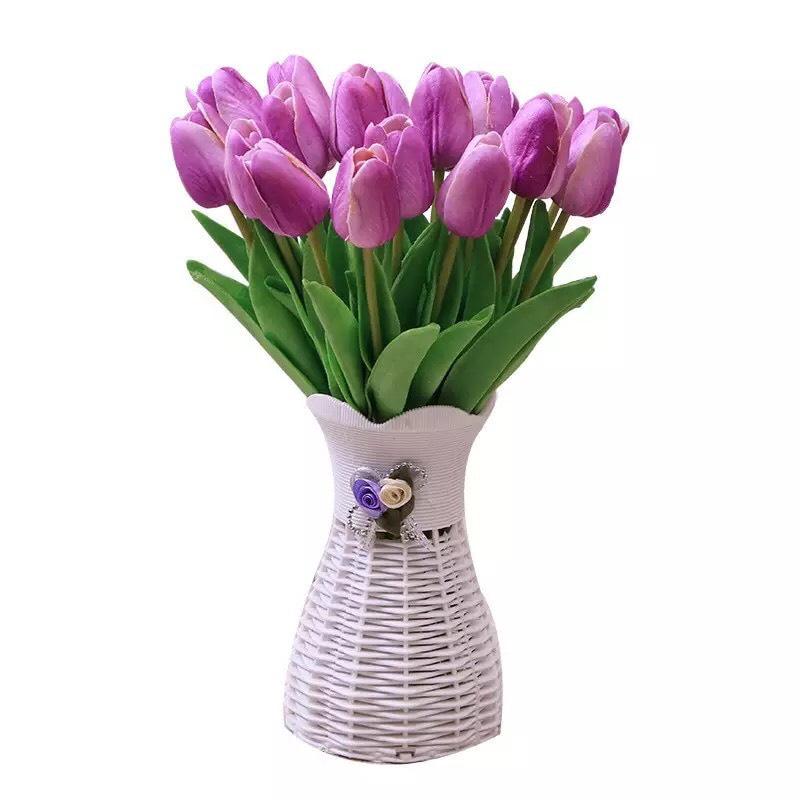 Lọ nhựa, chậu cắm hoa giả mây đính nơ đẹp cao 17cm trang trí nhà cửa, quán cafe, khách sạn