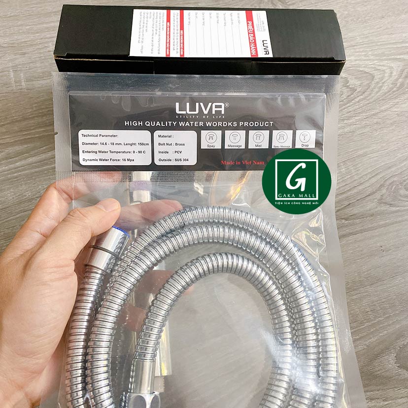 Combo vòi hoa sen Luva VS6 kèm dây sen Luva, dài 1,5m, inox 304 chống xoắn, đường kính bát sen11cm, Bật/Tắt trực tiếp trên vòi sen