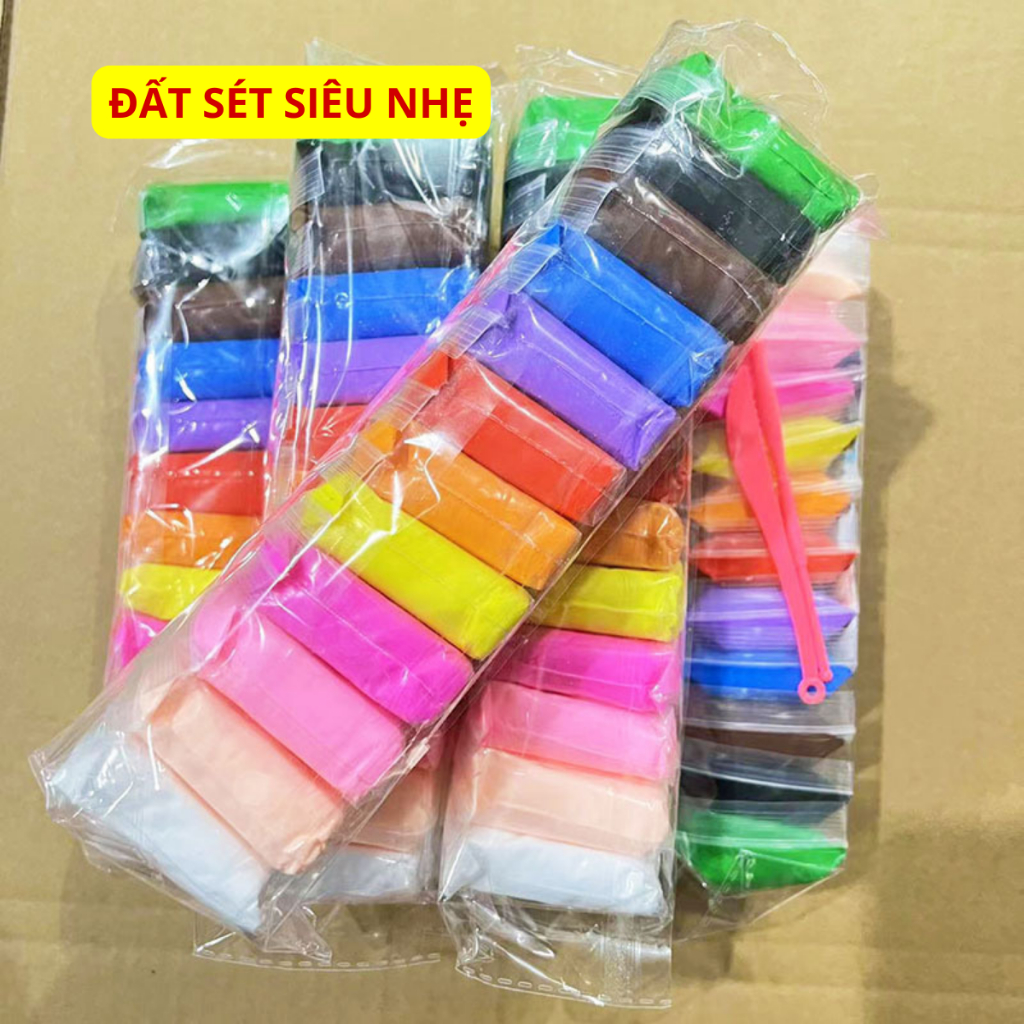 Đất sét nặn tự khô 12 màu siêu nhẹ. An toàn cho bé. Kèm dụng cụ cắt