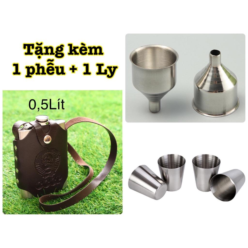 Bình đựng nước 0.5Lit Inox 304 cccp kèm bao da như hình, hàng dày 0,6mm có tặng 1 LY+ 1 PHỄU