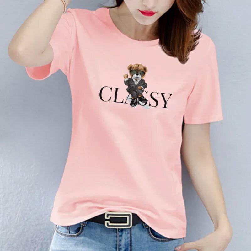 Áo thun nữ MXM cổ tròn form suông vừa in hình gấu thun cotton 4 chiều từ 40-55kg