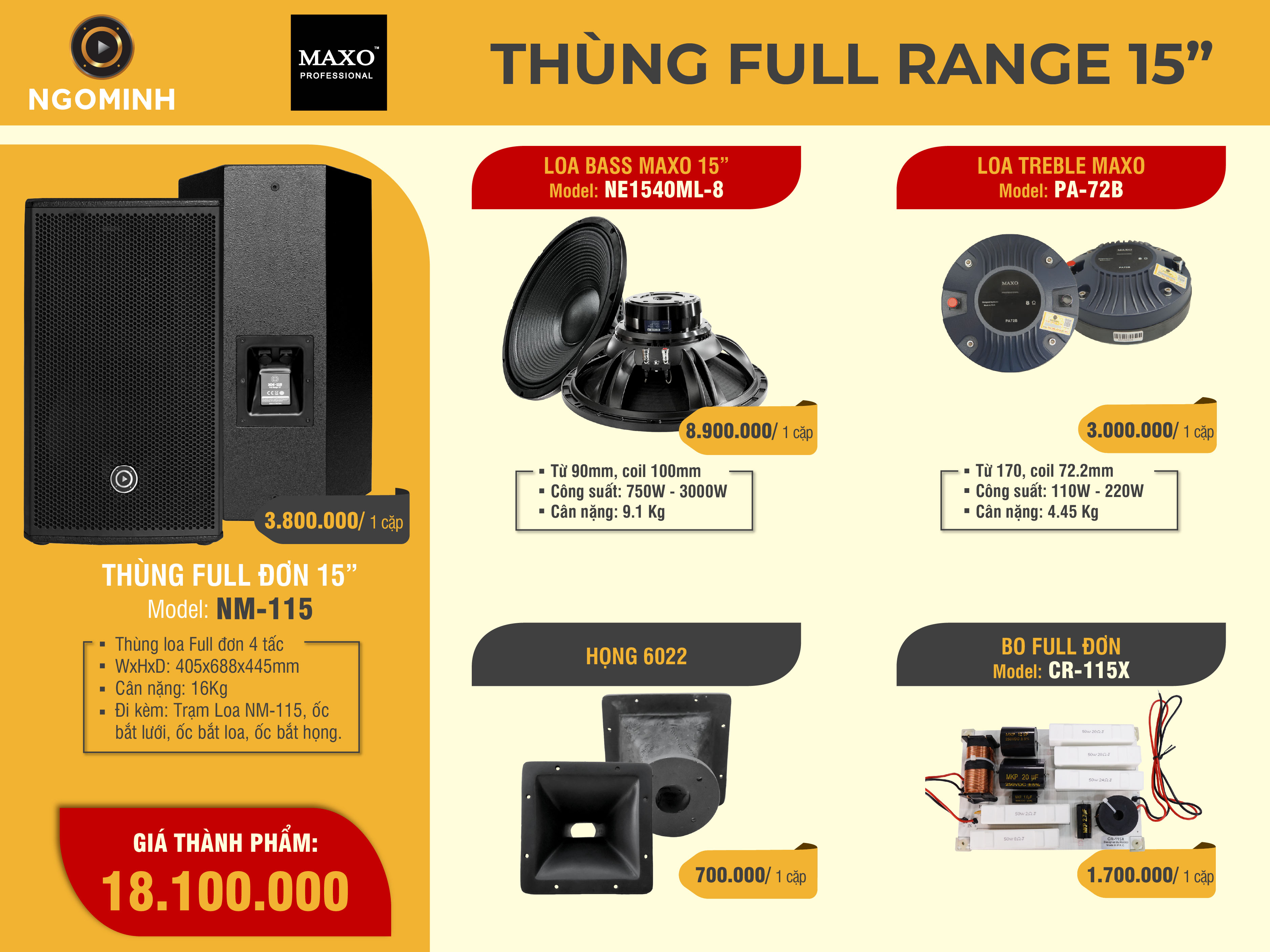 Thùng Loa Full Đơn 4 Tấc NM-115, NE1540ML-8, PA-72B, Họng 6022, CR-115X