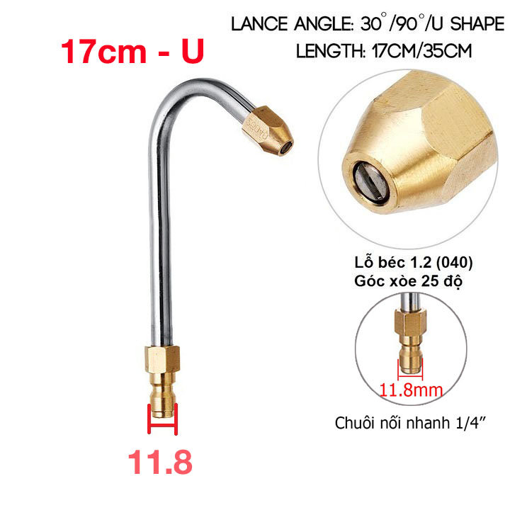 Ống nối uốn cong 30 độ 90 độ U kèm đầu béc phun gắn s.úng xịt rửa xe cao áp - Ren nối nhanh 1/4 inch