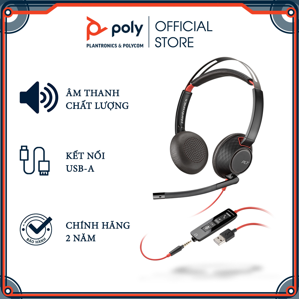 Tai Nghe Chụp Tai Có Dây Poly Blackwire 5220 USB-A Jack 3.5mm Hàng Chính Hãng