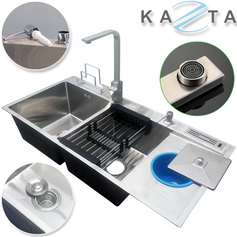 Combo Chậu Rửa Chén Bát  KAZTA KZ-CB10048H Inox Có Hố Rác Tiện Lợi Gồm: Chậu Rửa Chén, Vòi Rửa Chén Và Nhiều Phụ Kiện Kèm Theo