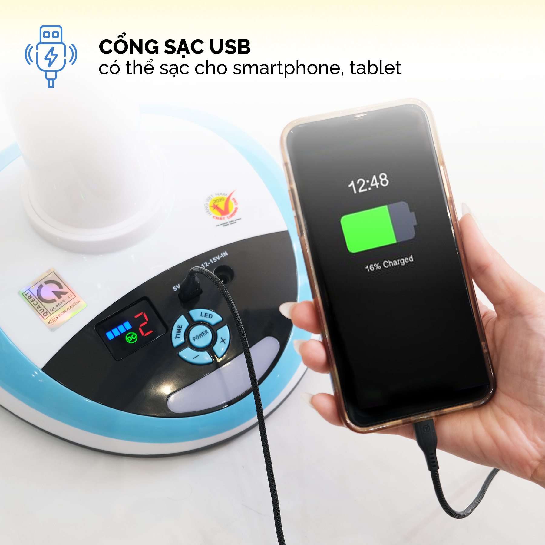 Quạt Sạc Tích Điện 16 Inch Honjianda HJD-FL416H Tích Hợp Đèn LED Và Cổng Sạc USB - Màu Ngẫu Nhiên - Hàng Chính Hãng
