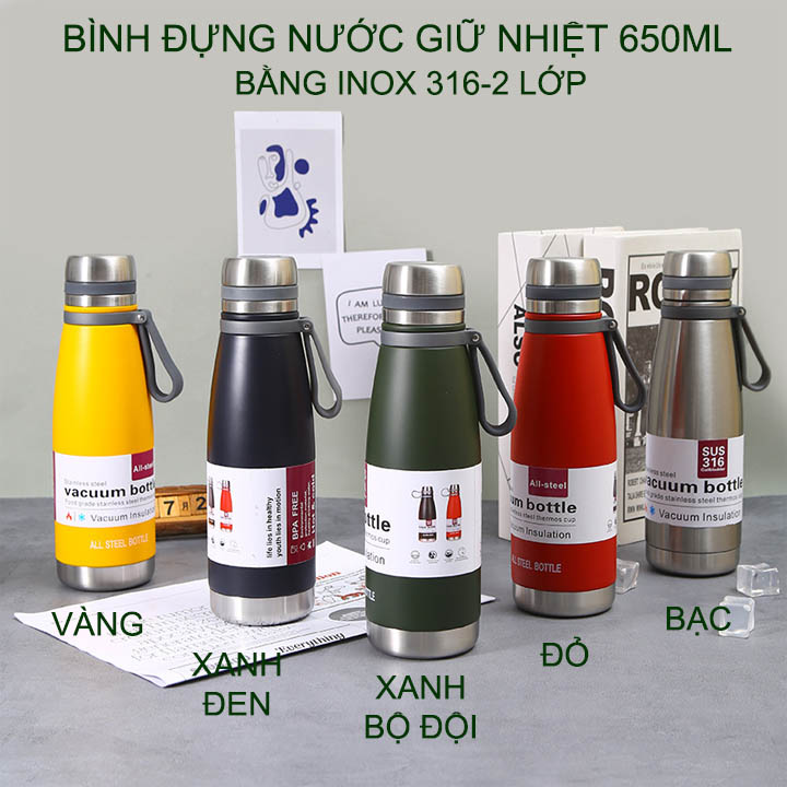 Bình giữ nhiệt 2 lớp bằng inox 316, dung tích 650ml, có nhiều màu cho khách lựa chọn