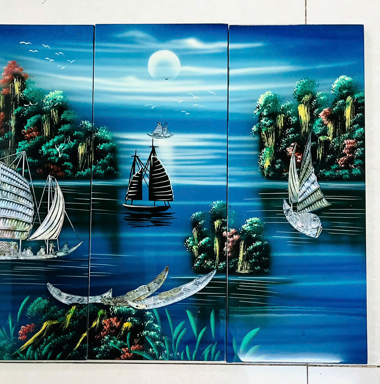 Bộ Tranh sơn mài 4 tấm- THUẬN BUỒM XUÔI GIÓ - Khảm cừ cao cấp size 50x80 cm - Ý Nghĩa Phong Thủy