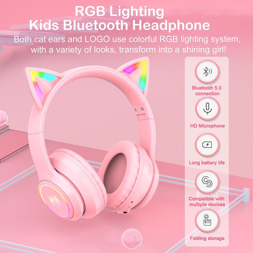 Tai nghe chơi game không dây Bluetooth tai mèo ONIKUMA B100 Hồng với micrô có thể thu vào đèn RGB [Hàng chính hãng]