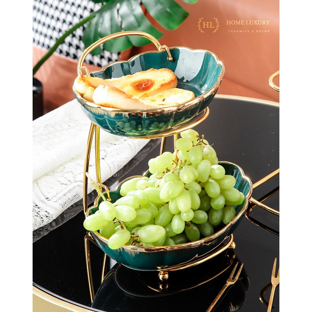 Kệ 2 Tầng, 3 Tầng Sứ Xanh Home Decor phong cách Bắc Âu khung kim loại | ĐĨA 2 3 TẦNG SỨ TRẮNG XANH KÈM KỆ INOX CAO CẤP