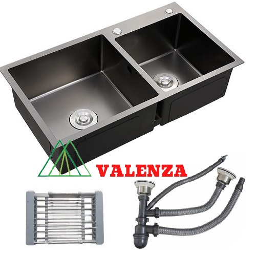 Combo chậu rửa bát nano Valenza sus304 8245 hố lệch,vòi rửa bát nano Valenza sus304 nóng lạnh, xả,rổ