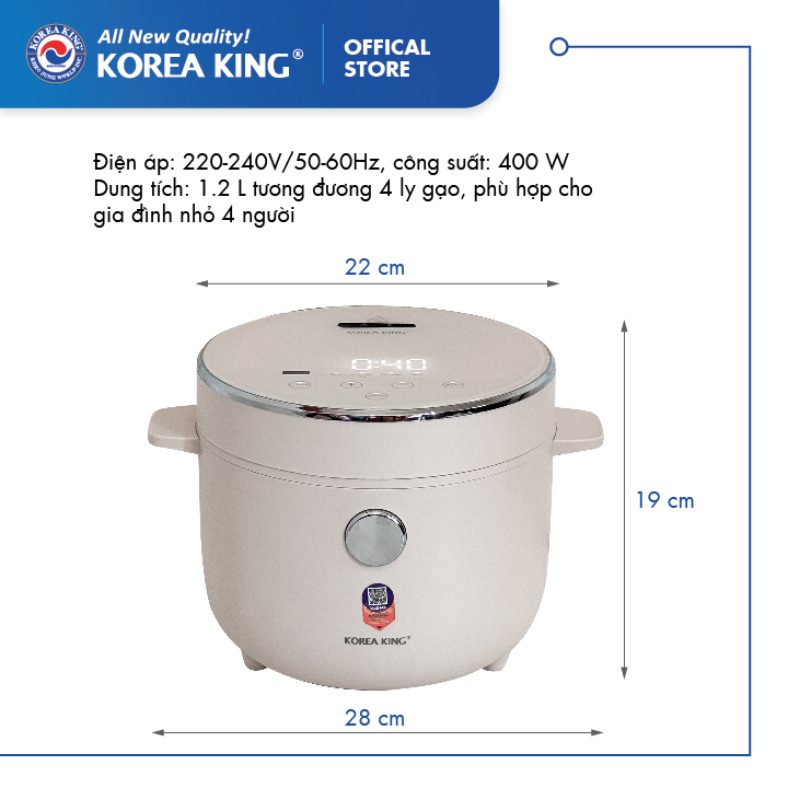 PRC-12SLJT_W Nồi cơm điện Korea King (có chức năng tách đường, dung tích 1.2L, công suất 400 W, mặt kính trắng)-Hàng chính hãng