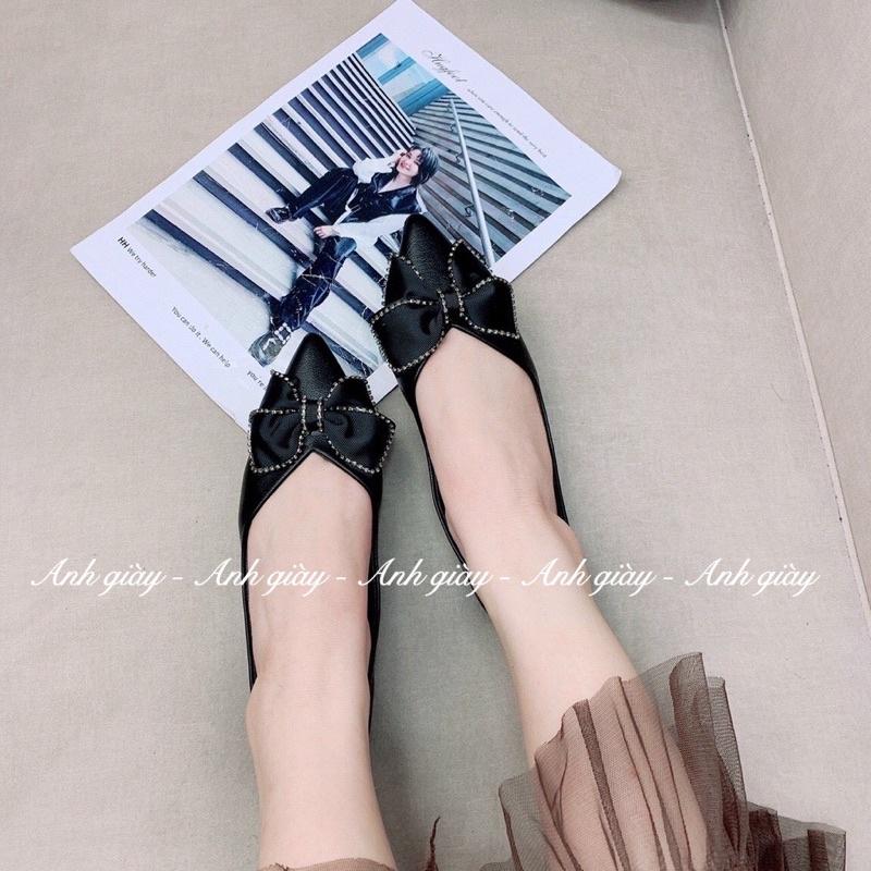 GB45 - Giày bệt mũi nhọn da lì nơ lụa to đế cao su dẻo