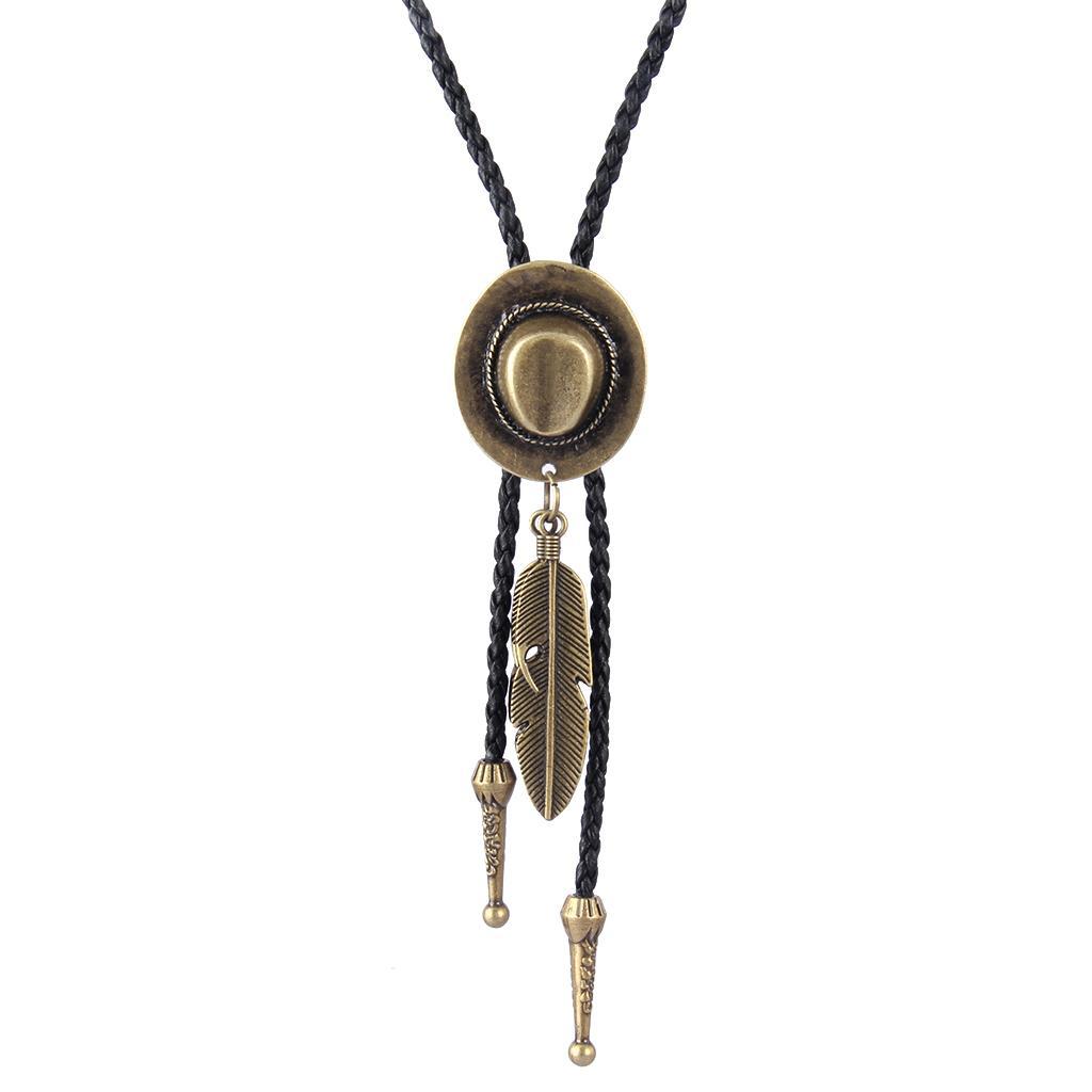 Black PU Leather Western Cowboy Rodeo Bolo Tie Bola Necklace Antique Brass