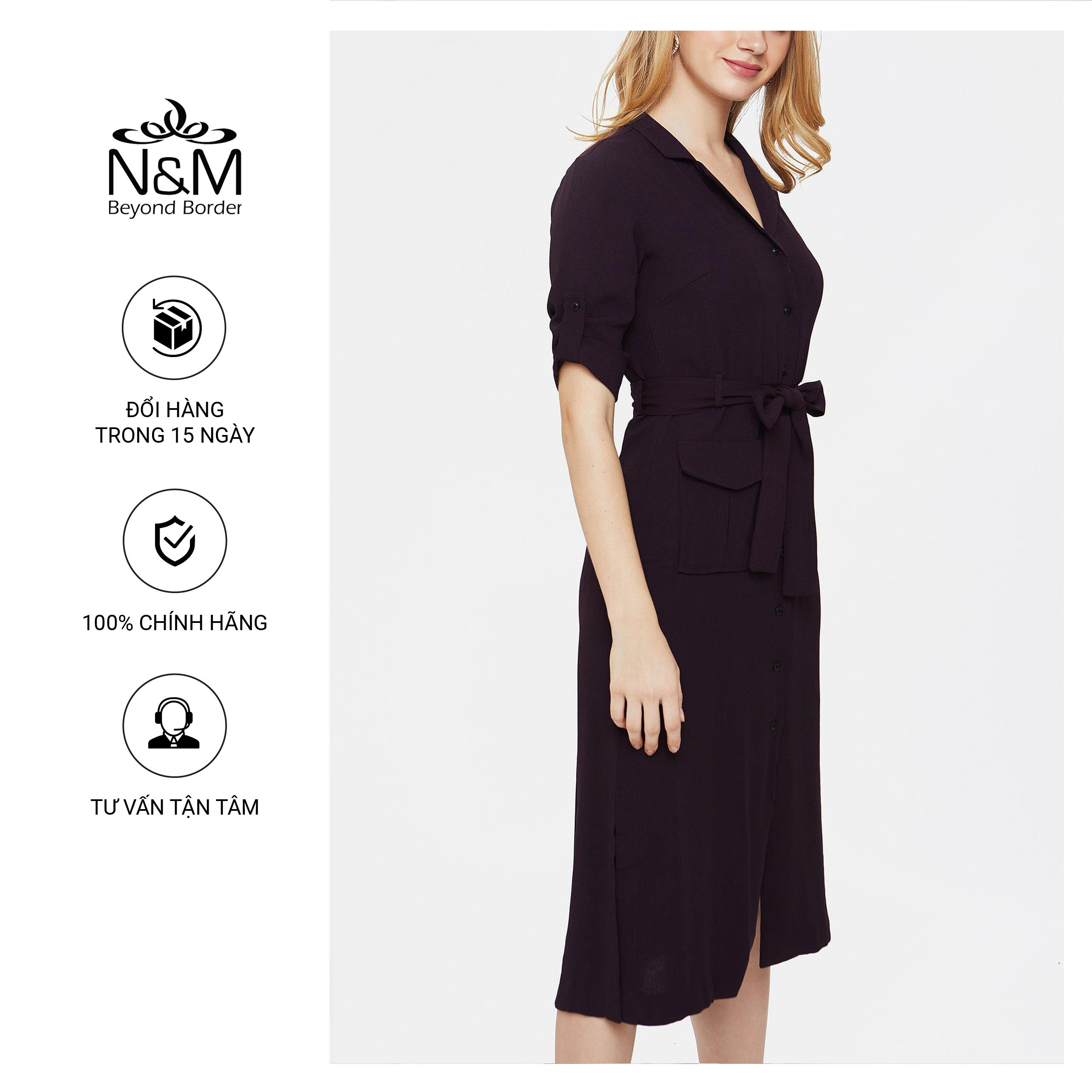 Đầm Nữ công sở tay ngắn cổ tim dáng suông màu tím đậm N&amp;M  mã 1905161