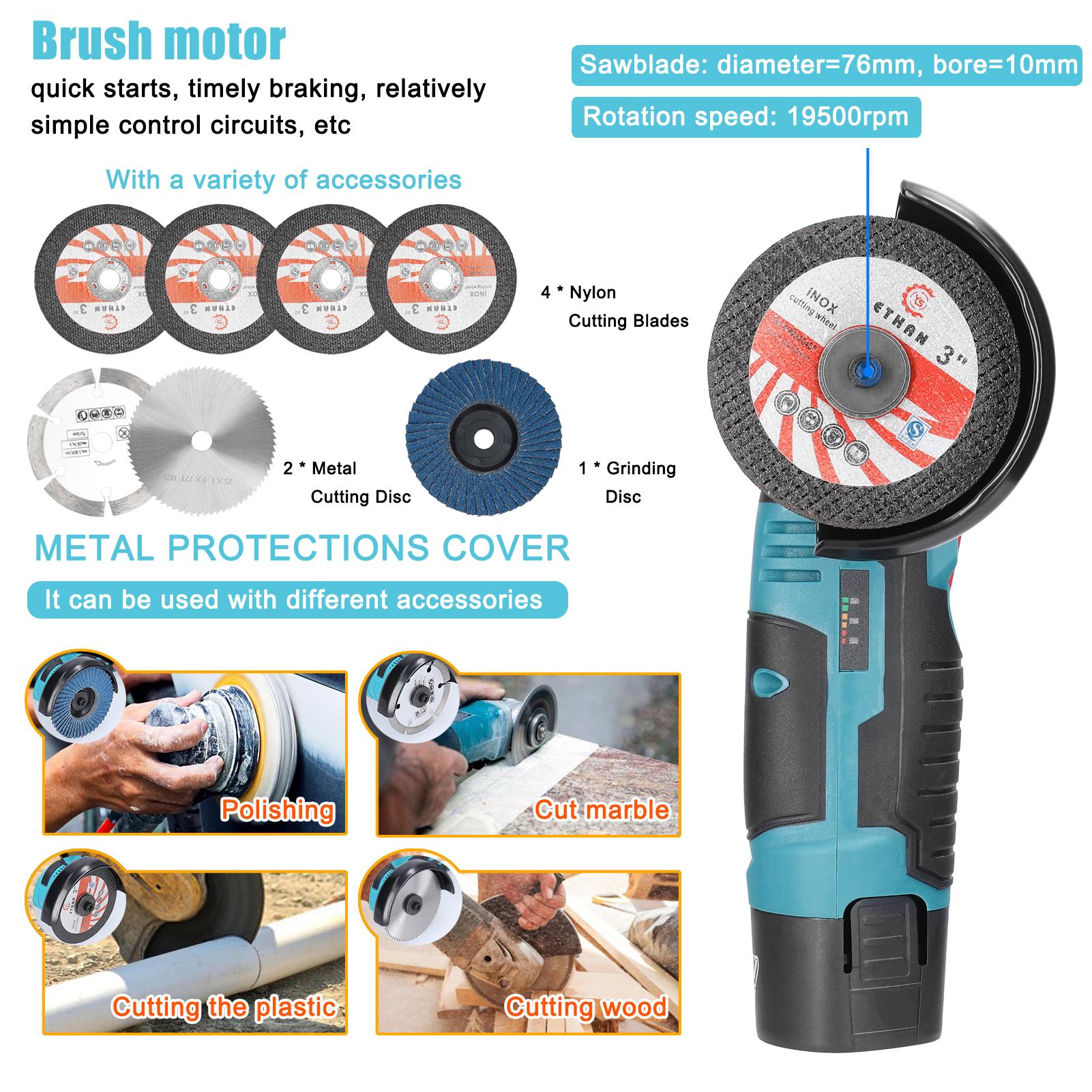 12 V 19500rpm Electric Grinding Tool Multifunctional Angle Grinder Handheld Cutter for Cutting Polishing Ceramic Tile Wood Stone Steel