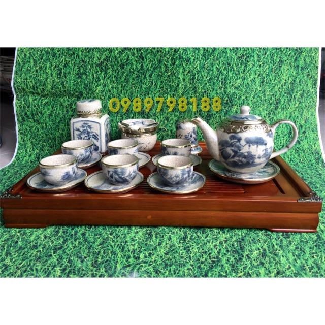 Bộ ấm chén Bát Tràng men rạn bọc đồng đủ phụ kiện kèm khay gỗ y hình