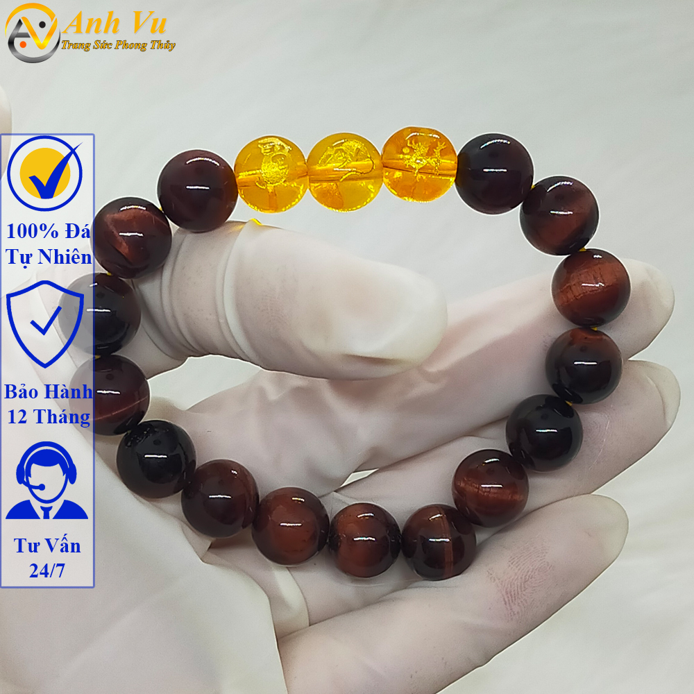 Vòng tay đá mắt hổ đỏ nâu tự nhiên - Vòng tam hợp quý nhân thân tý thìn - May mắn tài lộc
