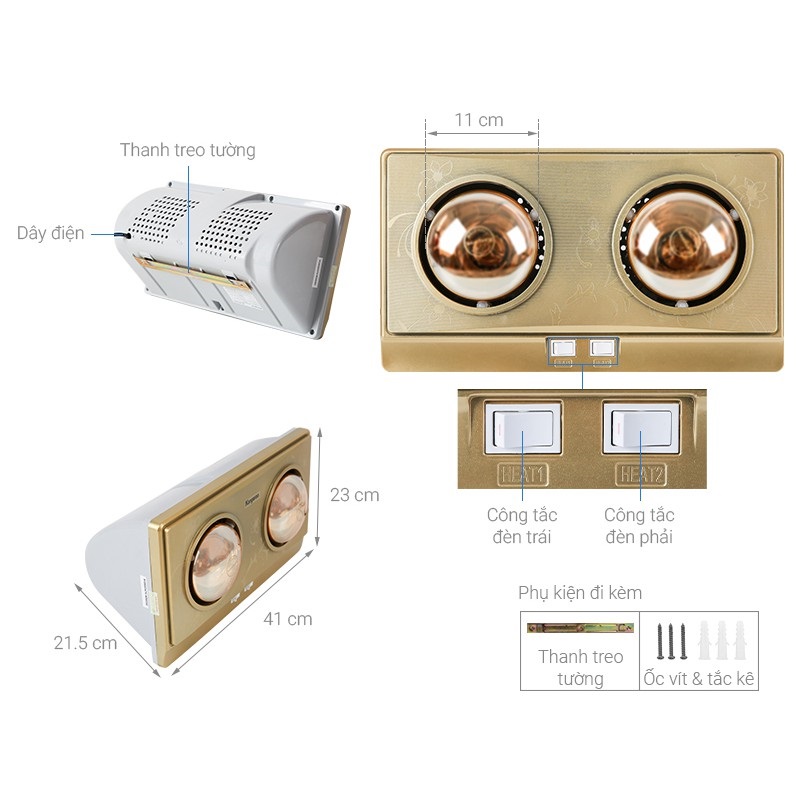 Đèn Sưởi Nhà Tắm Cao Cấp 2 Bóng - 3 Bóng