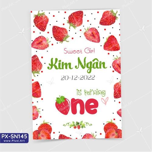 Thiệp thôi nôi – sinh nhật Pluxi bé gái hình trái dâu - PX_SN145
