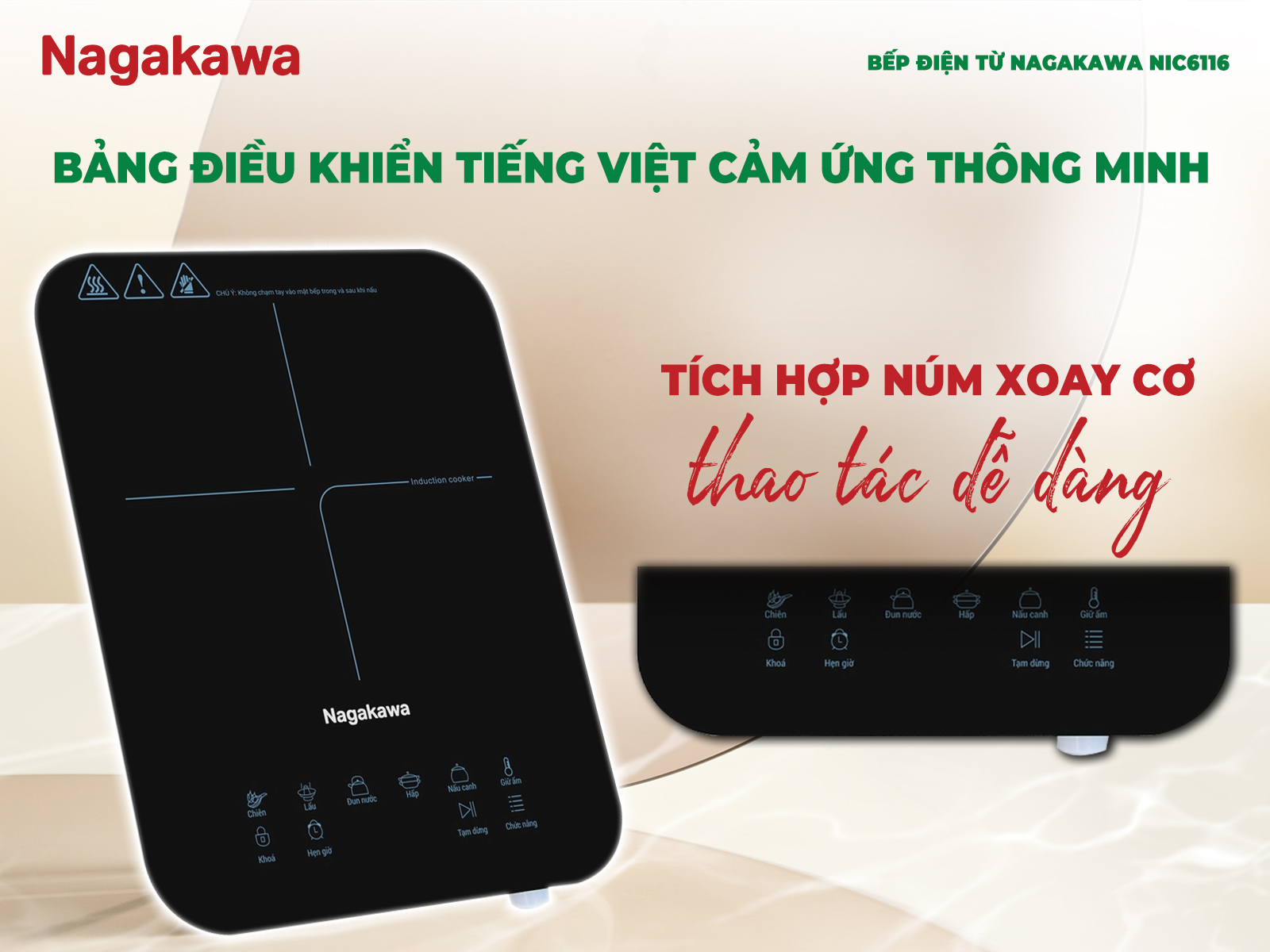 Bếp điện từ đơn Nagakawa NIC6116 2000W tặng kèm nồi inox, bảo hành 12 tháng, hàng chính hãng