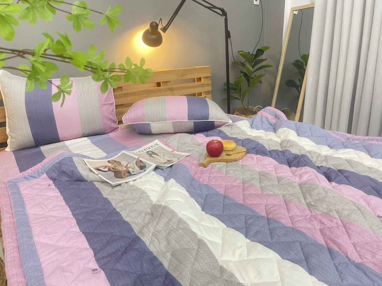 Bộ drap gối KHA LY - 100% cotton thiên nhiên - VN311 Sọc Dài Hồng Vải dày dặn mát mẻ siêu thấm mồ hôi
