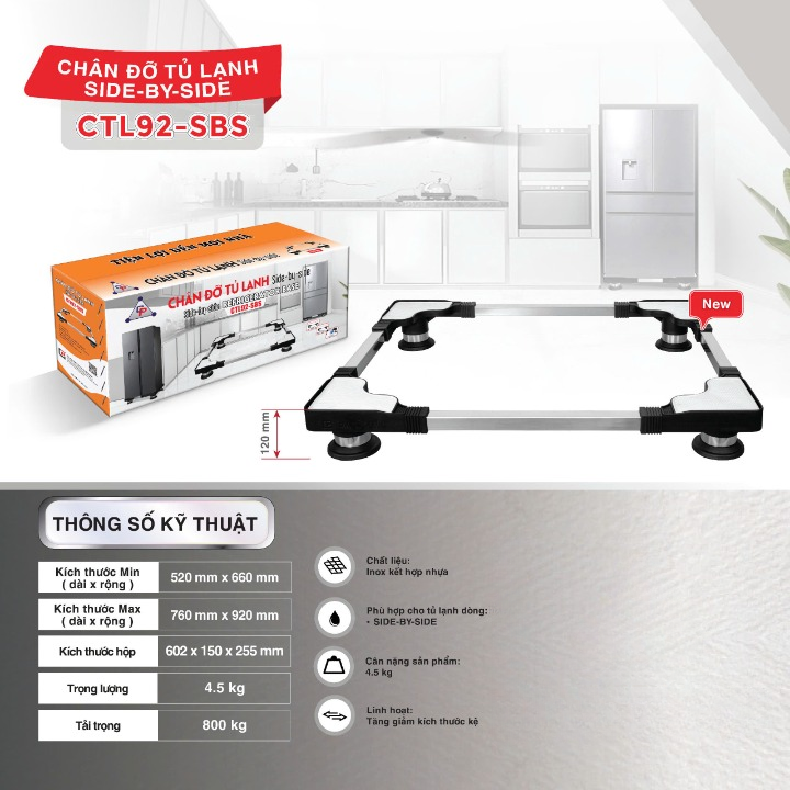 Chân đỡ đa năng tủ lạnh- máy giặt Chánh Phát điều chỉnh kích thước từ 52cm-92cm, chân side by side CTL92-SBS - Hàng Chính Hãng