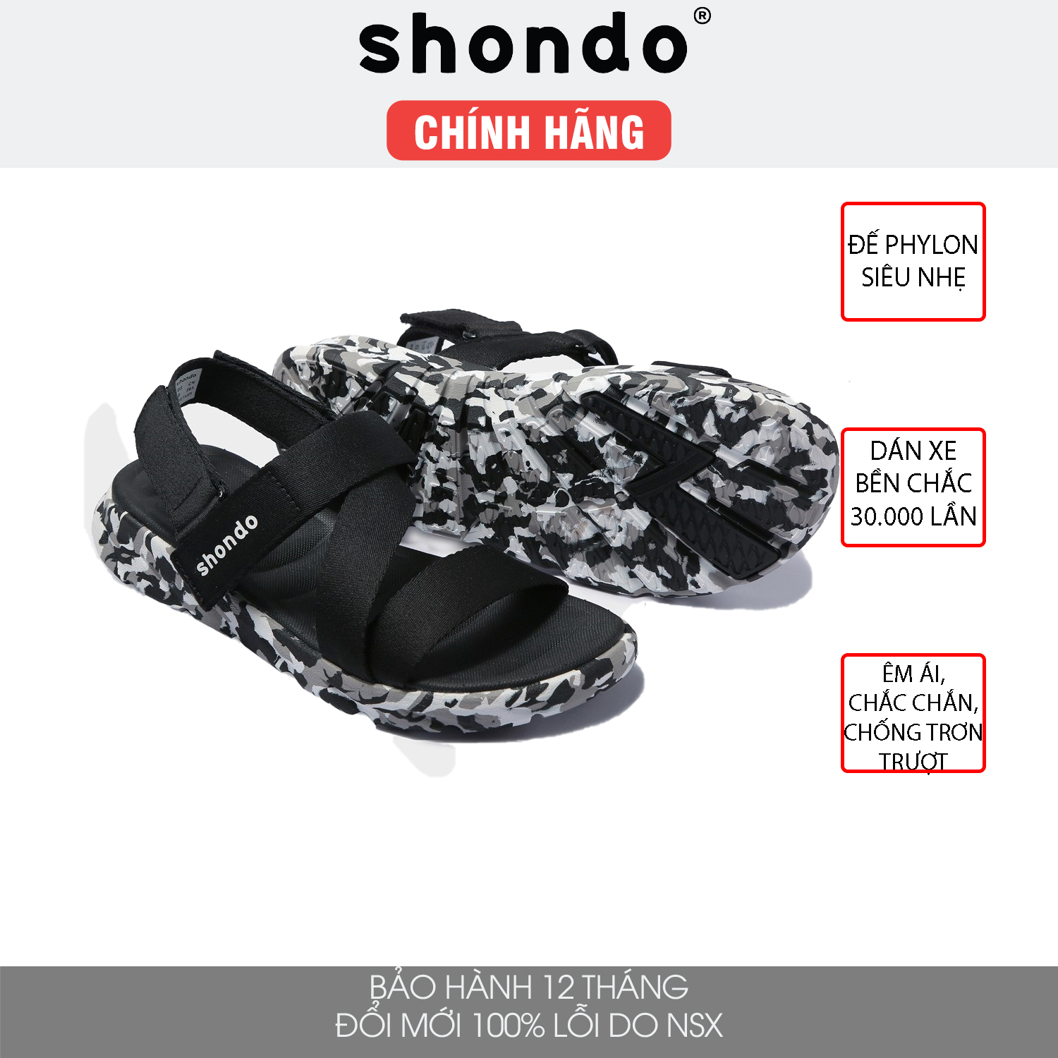 Giày sandal Shondo nam nữ đi học đế bằng camo đen full F6S501