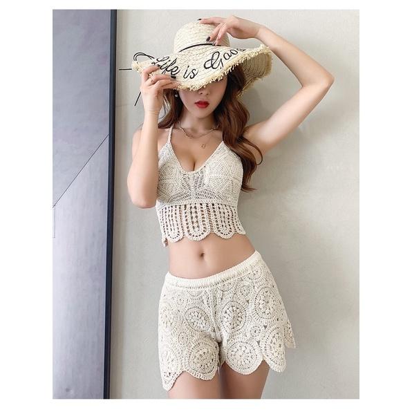 37-Set bikini ren đi biển 3 món gồm áo choàng hạt-áo bra-quần sóc mã mới 2022