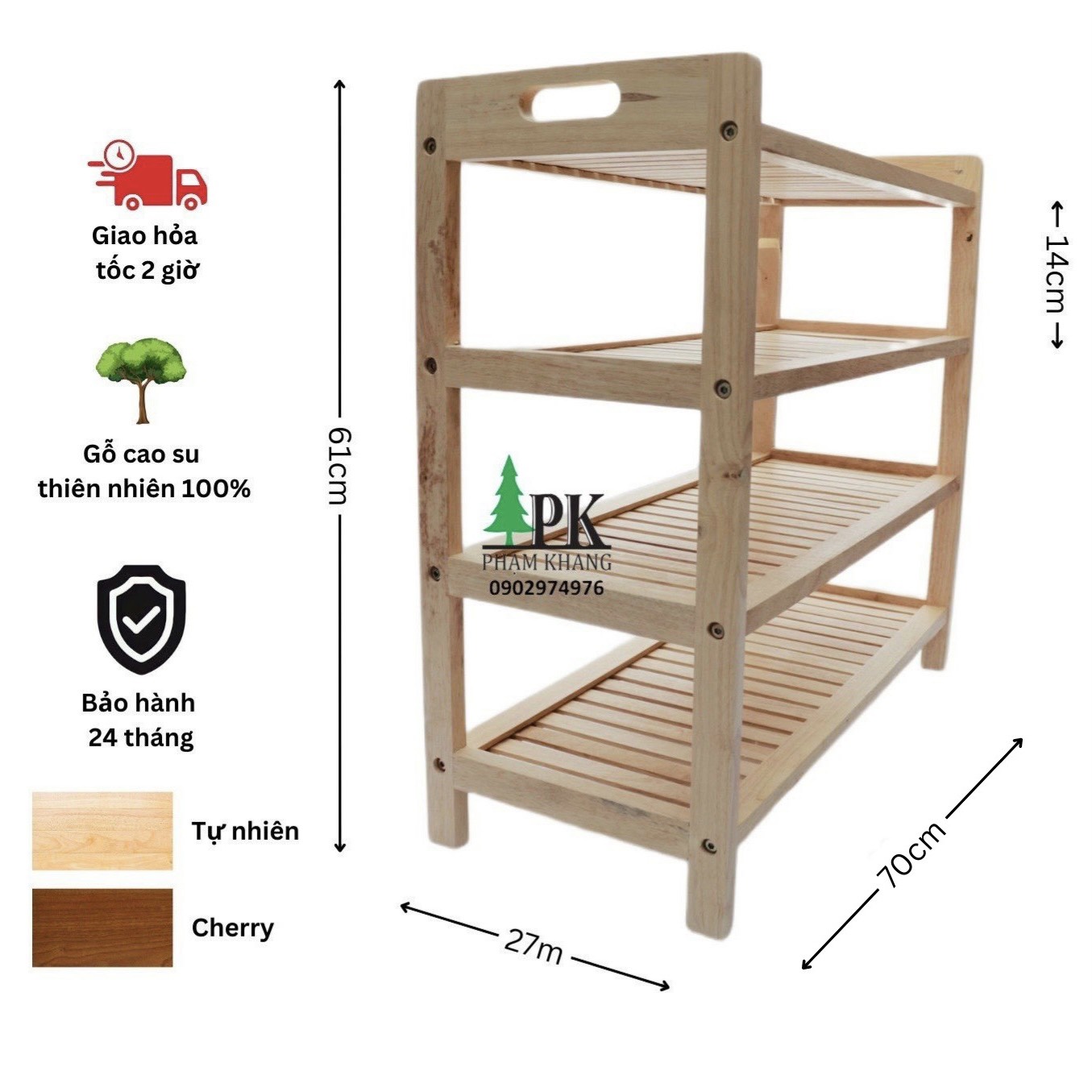 Kệ giày dép 4 tầng Start Decor - Gỗ cao su tự nhiên - Màu Gỗ Tự Nhiên/ Vàng Cherry - Kích thước rộng 64 cm/ 70 cm