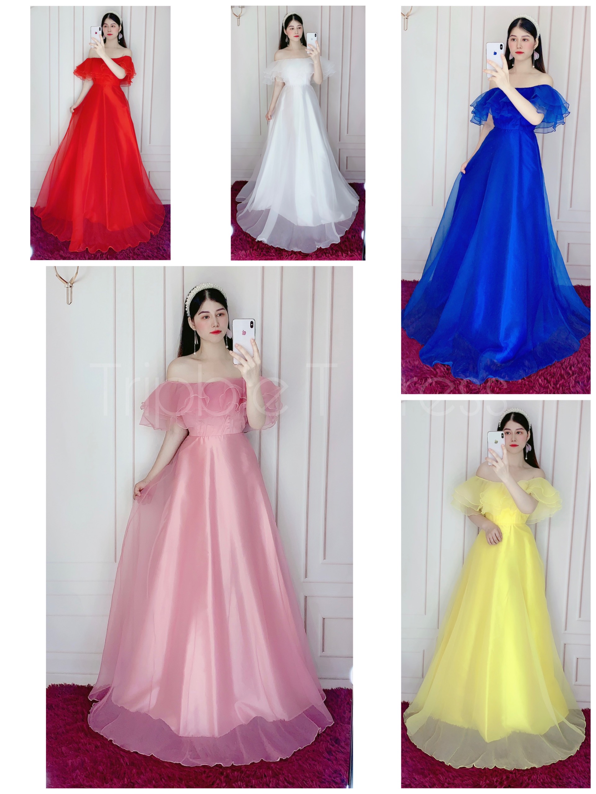 Đầm maxi dự tiệc mặc cưới bẹt vai tầng bèo TRIPBLE T DRESS - Size S/M/L (ảnh/video thật) MS324V