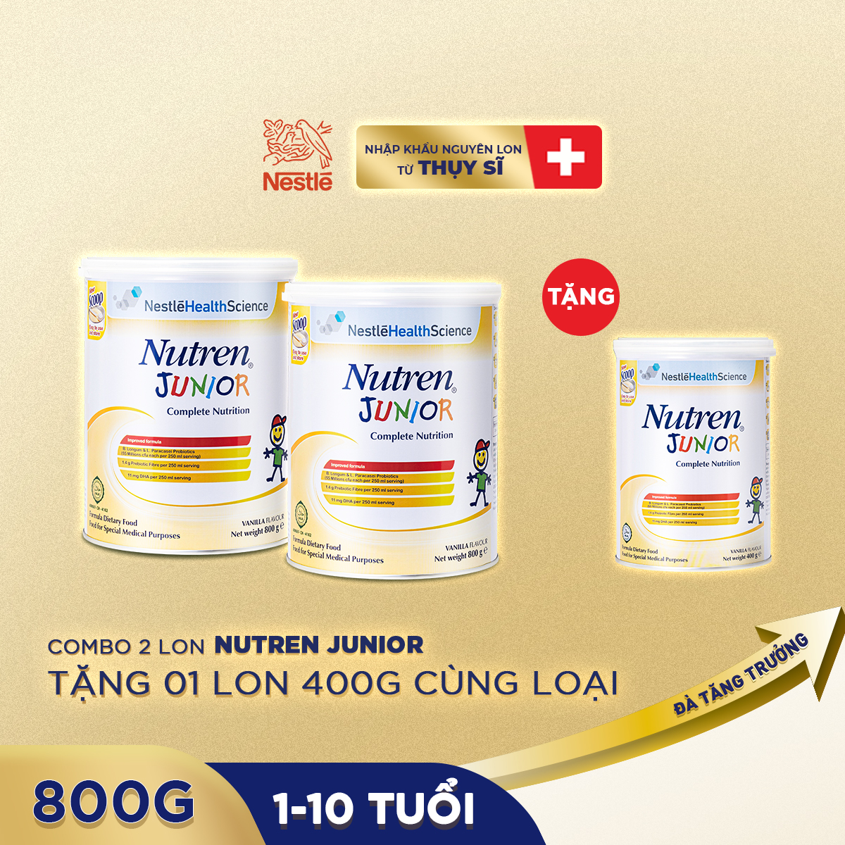 Combo 2 lon thực phẩm dinh dưỡng Nutren Junior 800g - Tặng 1 lon 400g cùng loại